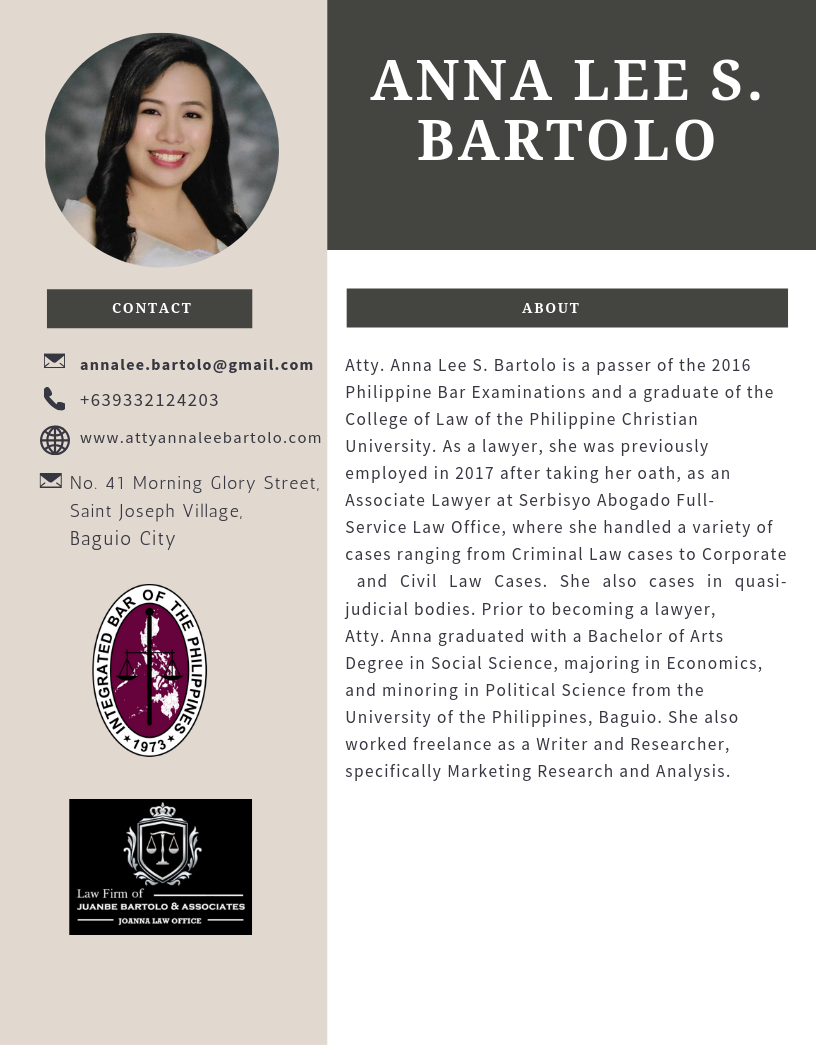 Atty. Anna Lee Bartolo. Lawyer in Baguio City, Philippines.